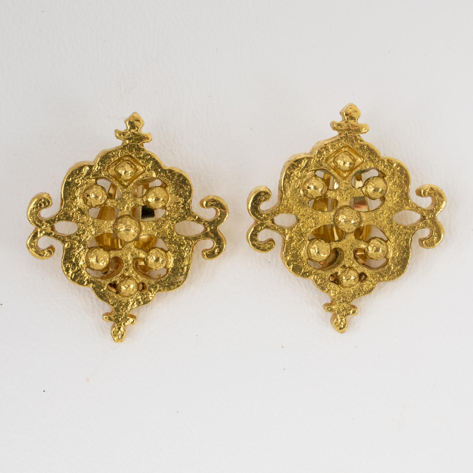 Modern Yves Saint Laurent YSL Goldtone Textured Earrings For Sale