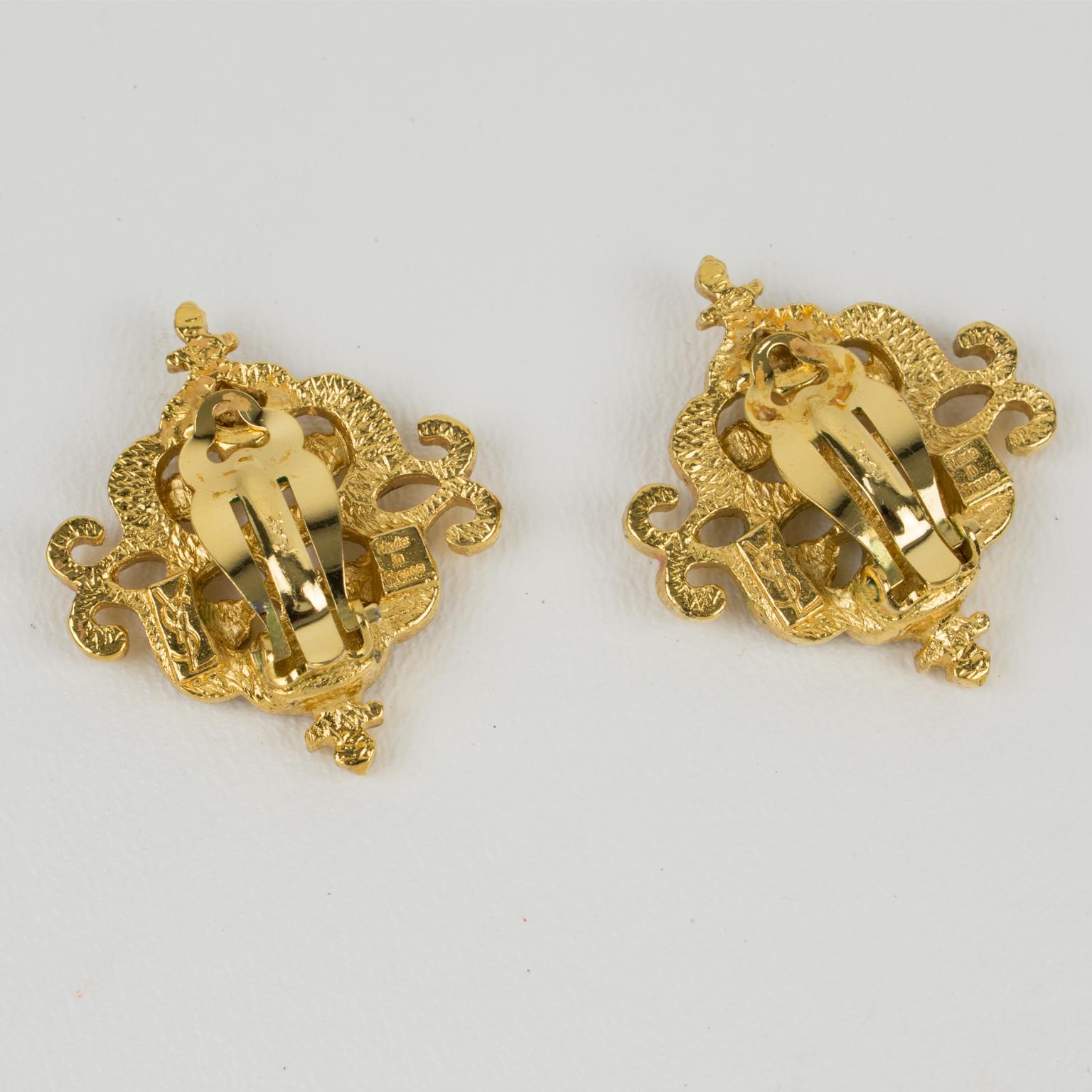 Yves Saint Laurent YSL Goldtone Textured Earrings In Excellent Condition For Sale In Atlanta, GA