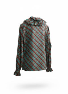 Yves Saint Laurent YSL Green Check silk Lavalliere Blouse