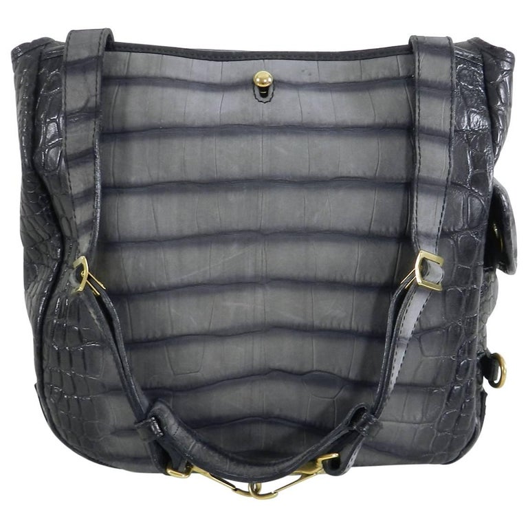 Yves Saint Laurent YSL Grey Faux Crocodile Grained Shoulder Bag at