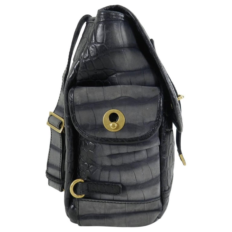 Yves Saint Laurent YSL Grey Faux Crocodile Grained Shoulder Bag at