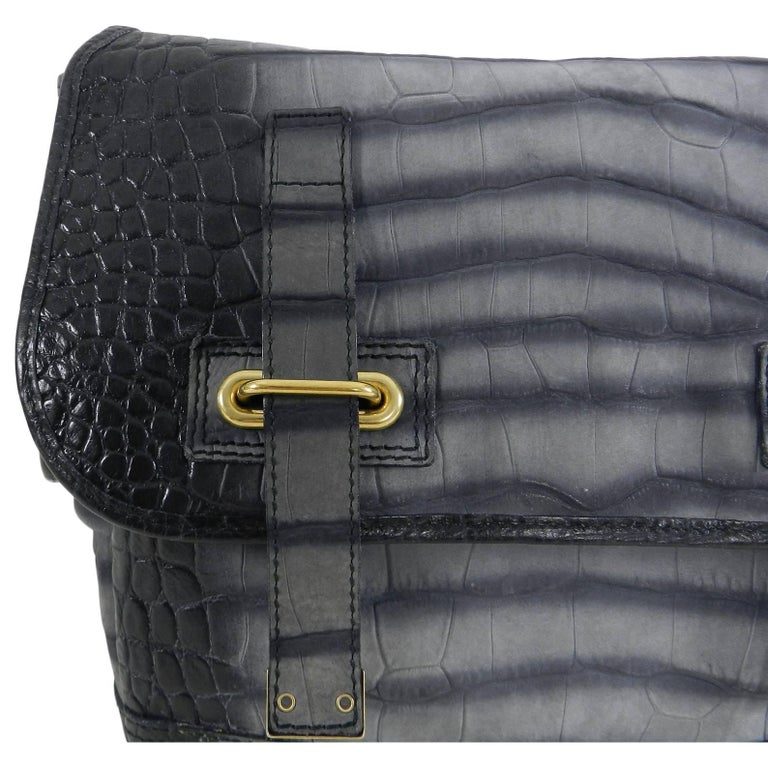 Yves Saint Laurent YSL Grey Faux Crocodile Grained Shoulder Bag at