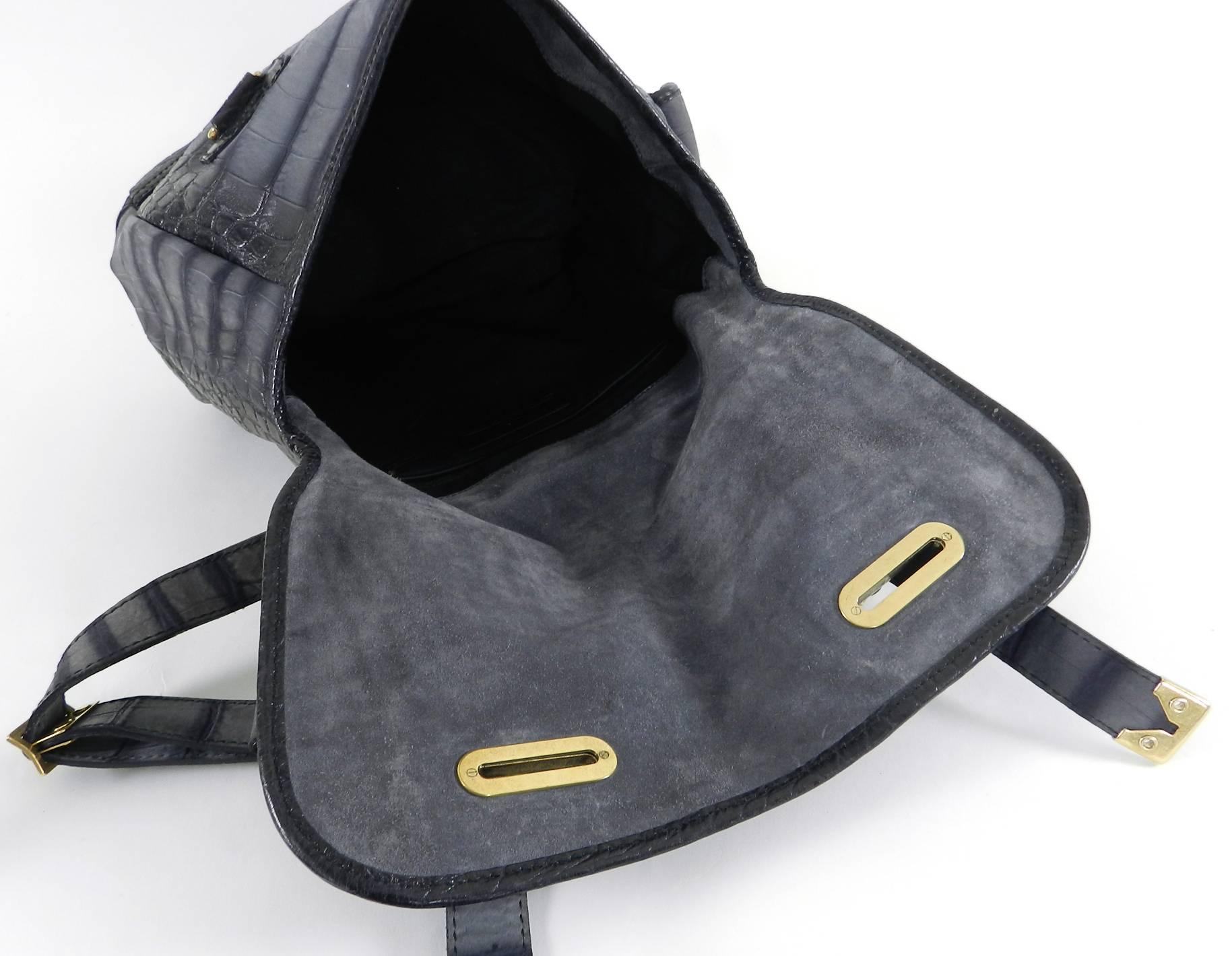 Black Yves Saint Laurent YSL Grey Faux Crocodile Grained Shoulder Bag