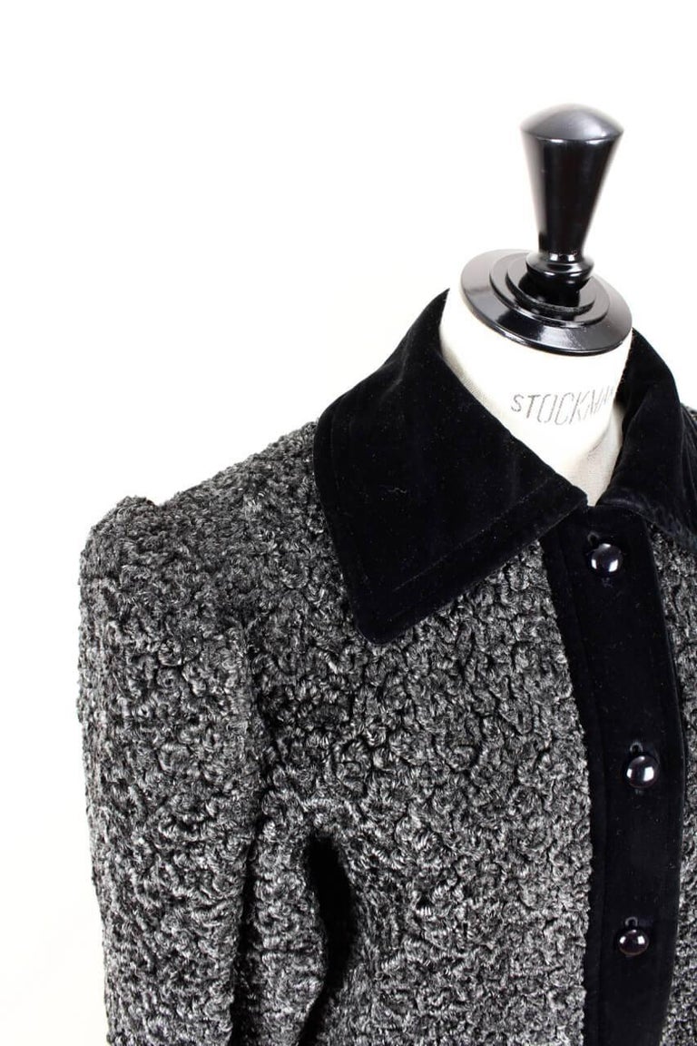 Yves Saint Laurent YSL Grey Faux Astrakhan Fur and Black Velvet Jacket