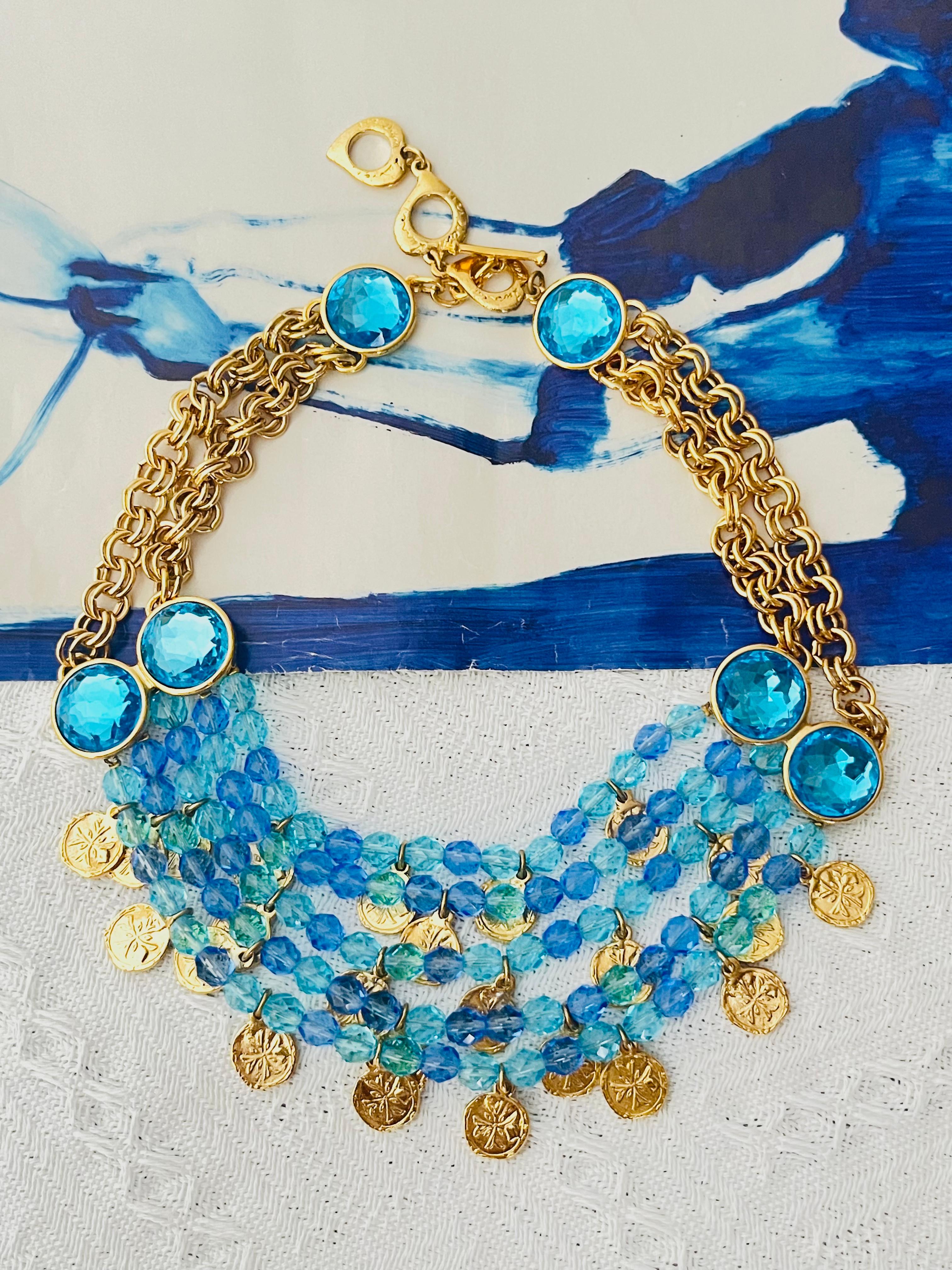 Yves Saint Laurent YSL Vintage Robert Goossens for Yves Saint Laurent Arty Gripoix Blue Navy Cabochon Crystals Beads Ball Circle Round Flowers Leaf Maltese Cross Coin 5 Layers Strands Bib Collar Chunky Statement Modernist Elegant Necklace, Gold