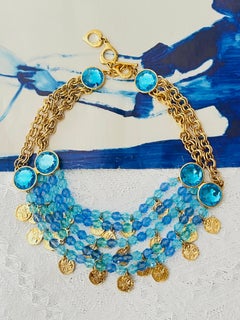 Yves Saint Laurent YSL Gripoix Blue Cabochon Beads Coins 5 Layers Bib Necklace