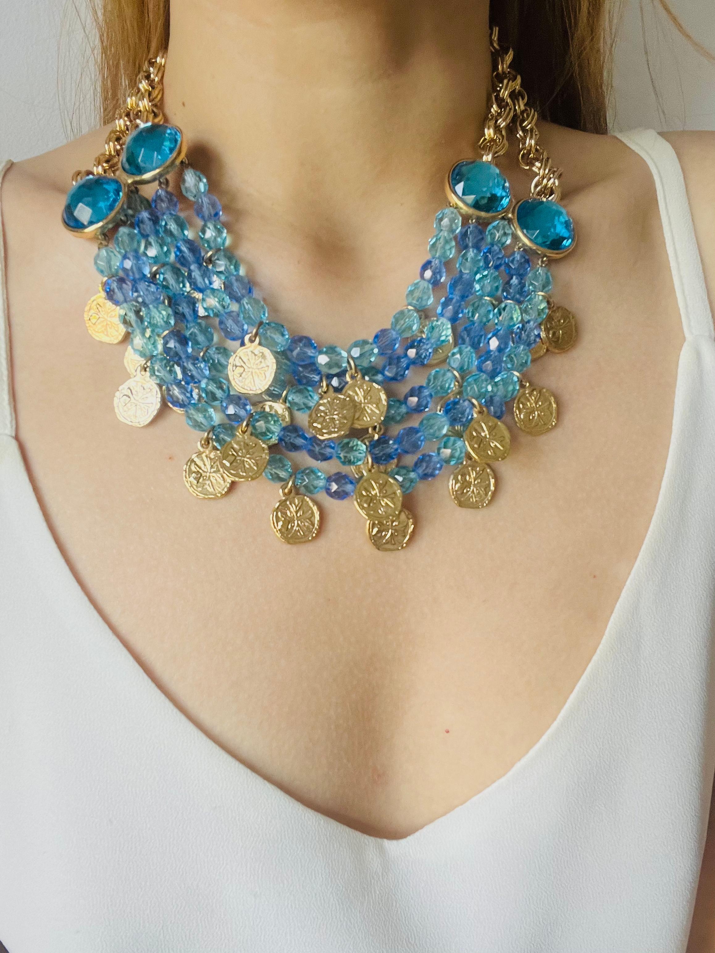 Yves Saint Laurent YSL Gripoix Collana con 5 strati di perline cabochon blu e monete in vendita 2