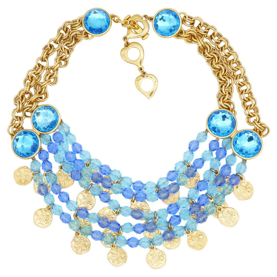 Yves Saint Laurent YSL Gripoix Blau Cabochon Perlen Münzen 5 Schichten Bib Halskette