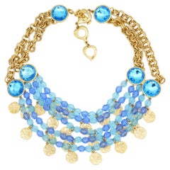 Yves Saint Laurent YSL Gripoix Blue Cabochon Beads Coins 5 Layers Bib Necklace