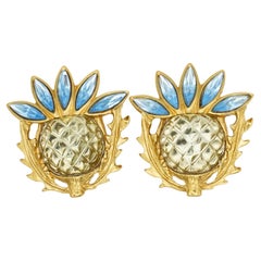Yves Saint Laurent YSL Gripoix Blue Yellow Thistle Flower Jelly Belly Earrings