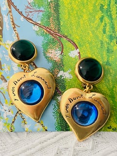 Yves Saint Laurent YSL Gripoix Emerald Sapphire Heart Logo Double Drop Earrings
