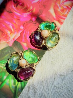 Yves Saint Laurent YSL Gripoix Gold Green Pearls Emerald Amethyst Aqua Earrings