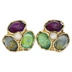Yves Saint Laurent YSL Gripoix Gold Green Pearls Emerald Amethyst Aqua Earrings