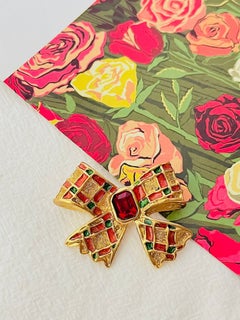 Yves Saint Laurent YSL Gripoix Gold Red Ruby Green Bow Octagon Patchwork Brooch