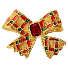 Yves Saint Laurent YSL Gripoix Gold Red Ruby Green Bow Octagon Patchwork Brooch