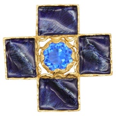 Yves Saint Laurent YSL Gripoix Large Cross Blue Sapphire Enamel Crystal Brooch