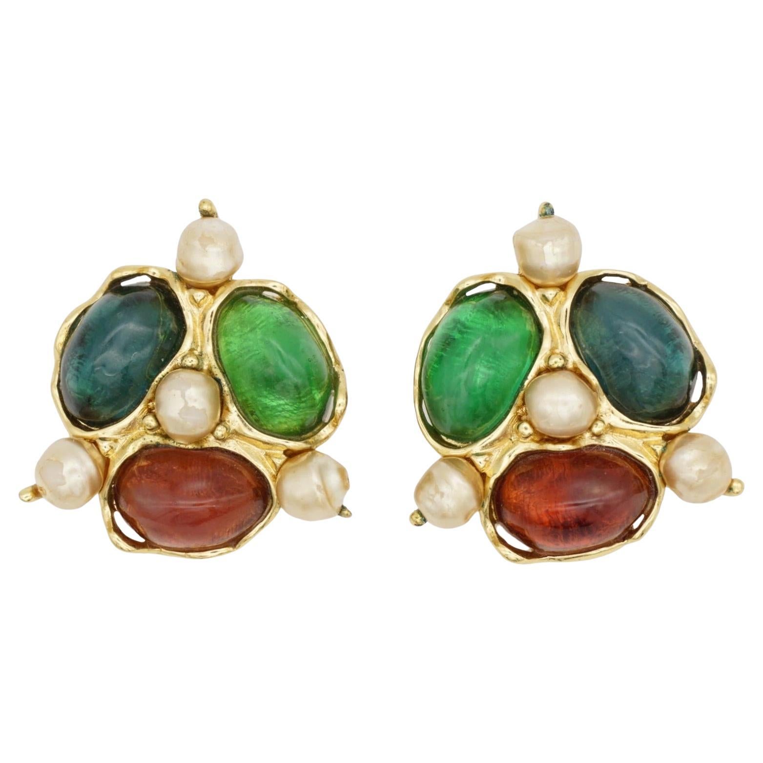 Yves Saint Laurent YSL Gripoix Large Emerald Ruby Crystals Pearls Clip Earrings For Sale