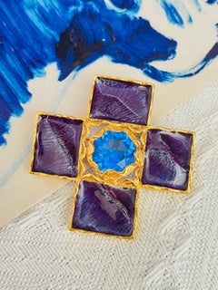Yves Saint Laurent YSL Gripoix Navy Enamel Cross Enamel Sapphire Crystal Brooch
