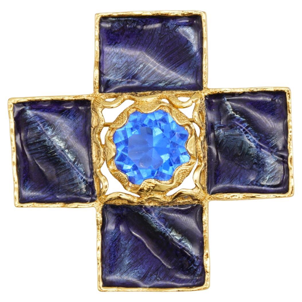 Yves Saint Laurent YSL Gripoix Azul marino Cruz esmaltada Broche de cristal de zafiro