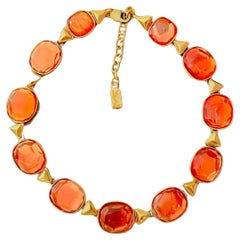 Yves Saint Laurent YSL Gripoix Orange Oval Cabochon Triangle Crystals Necklace