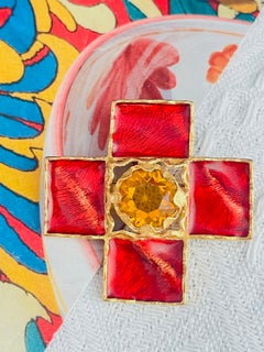 Yves Saint Laurent YSL Gripoix Red Crystal Citrine Cross Gold Pendant Brooch