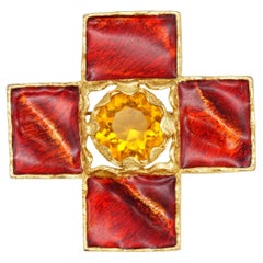 Yves Saint Laurent YSL Gripoix Red Crystal Citrine Cross Gold Pendant Brooch