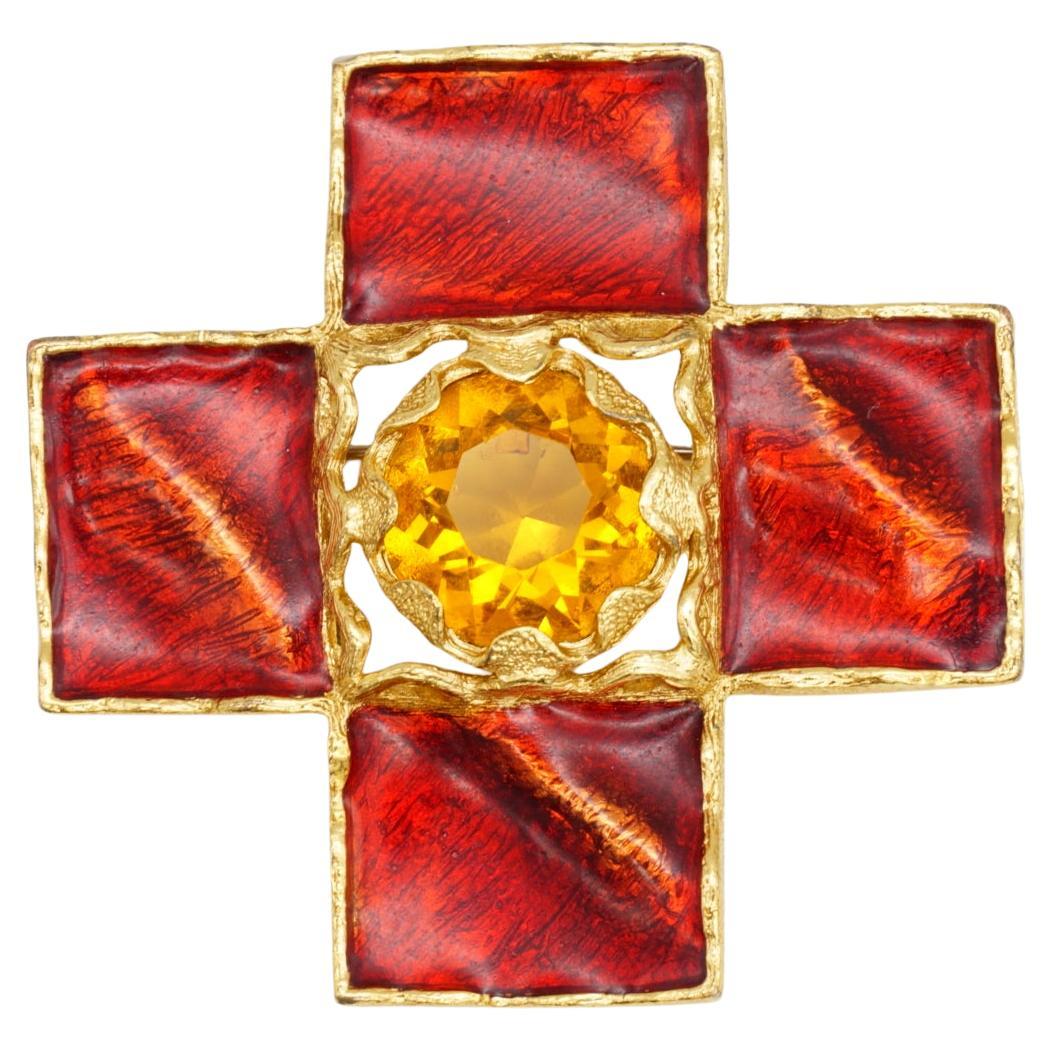 Yves Saint Laurent YSL Spilla Gripoix Red Cross Smalto Cristallo Citrino