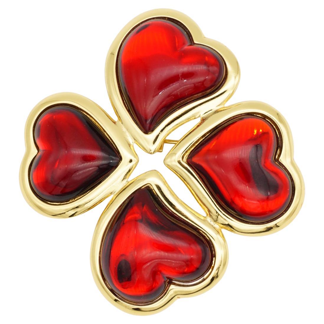 Yves Saint Laurent YSL Gripoix Rubino Enorme Quattro Trifoglio Amore Cuore Spilla Ciondolo