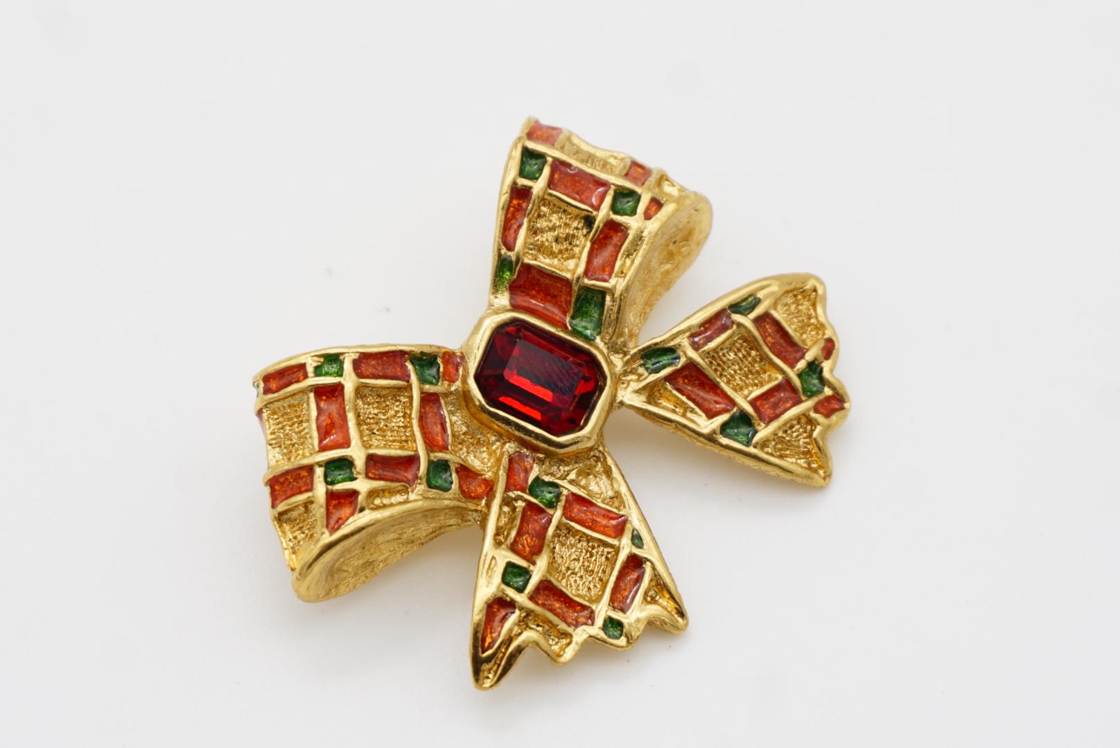 Yves Saint Laurent YSL Gripoix Ruby Octagon Crystal Green Red Knot Bow Brooch 5