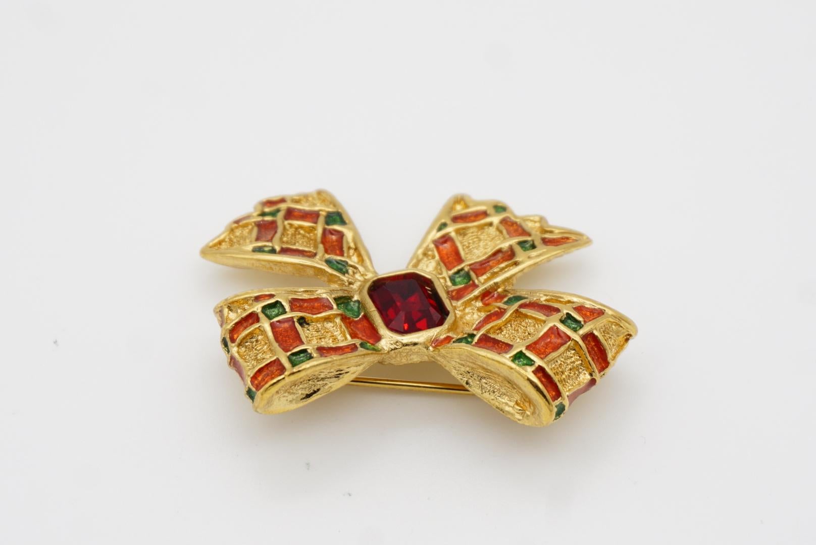 Yves Saint Laurent YSL Gripoix Ruby Octagon Crystal Green Red Knot Bow Brooch 6