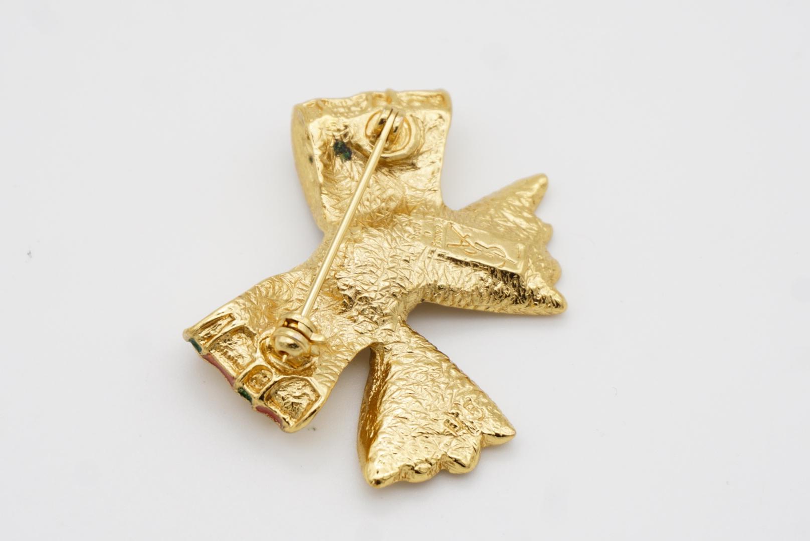 Yves Saint Laurent YSL Gripoix Ruby Octagon Crystal Green Red Knot Bow Brooch 7