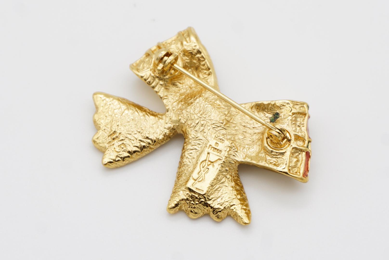 Yves Saint Laurent YSL Gripoix Ruby Octagon Crystal Green Red Knot Bow Brooch 8
