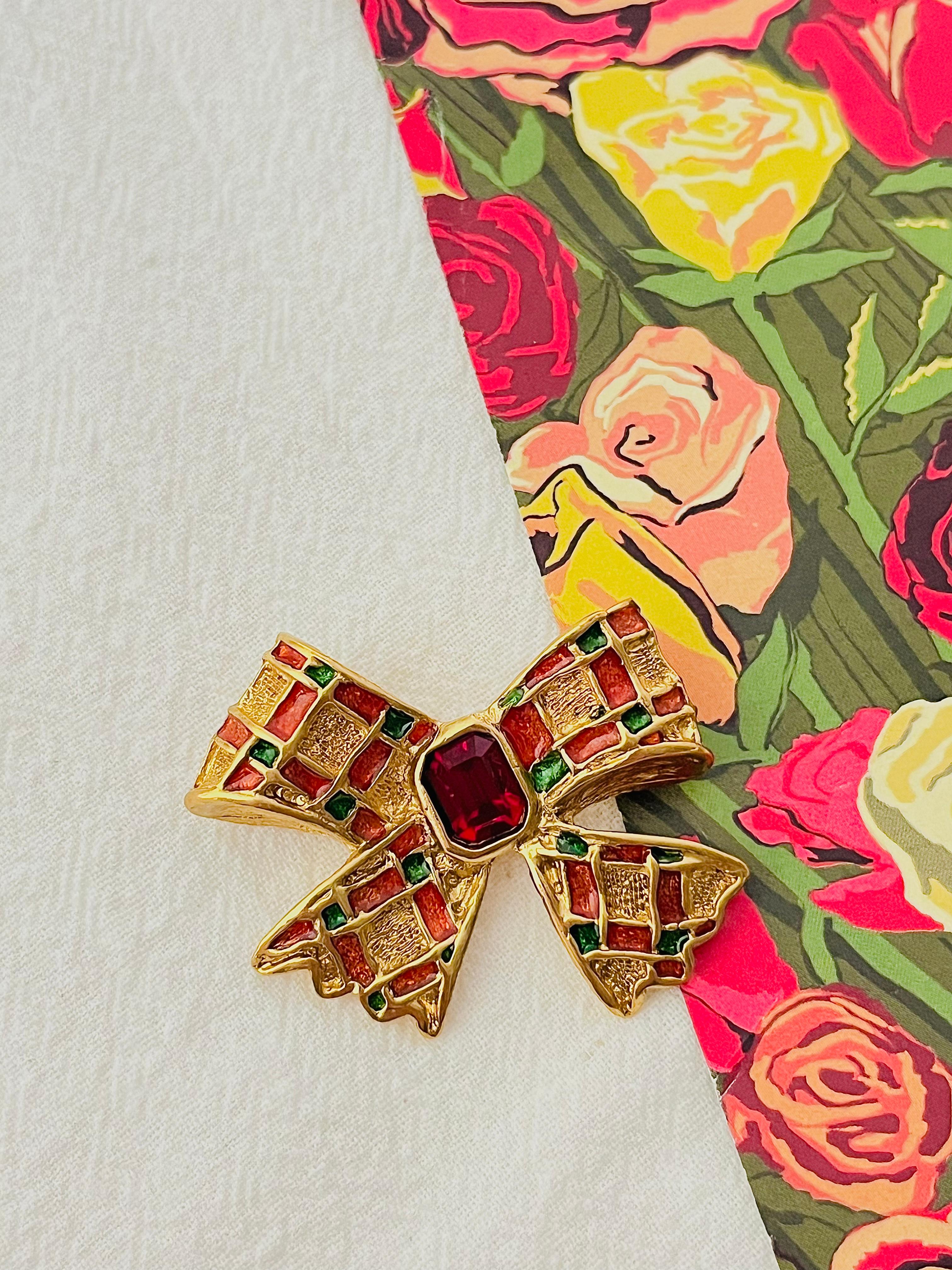 Art Deco Yves Saint Laurent YSL Gripoix Ruby Octagon Crystal Green Red Knot Bow Brooch