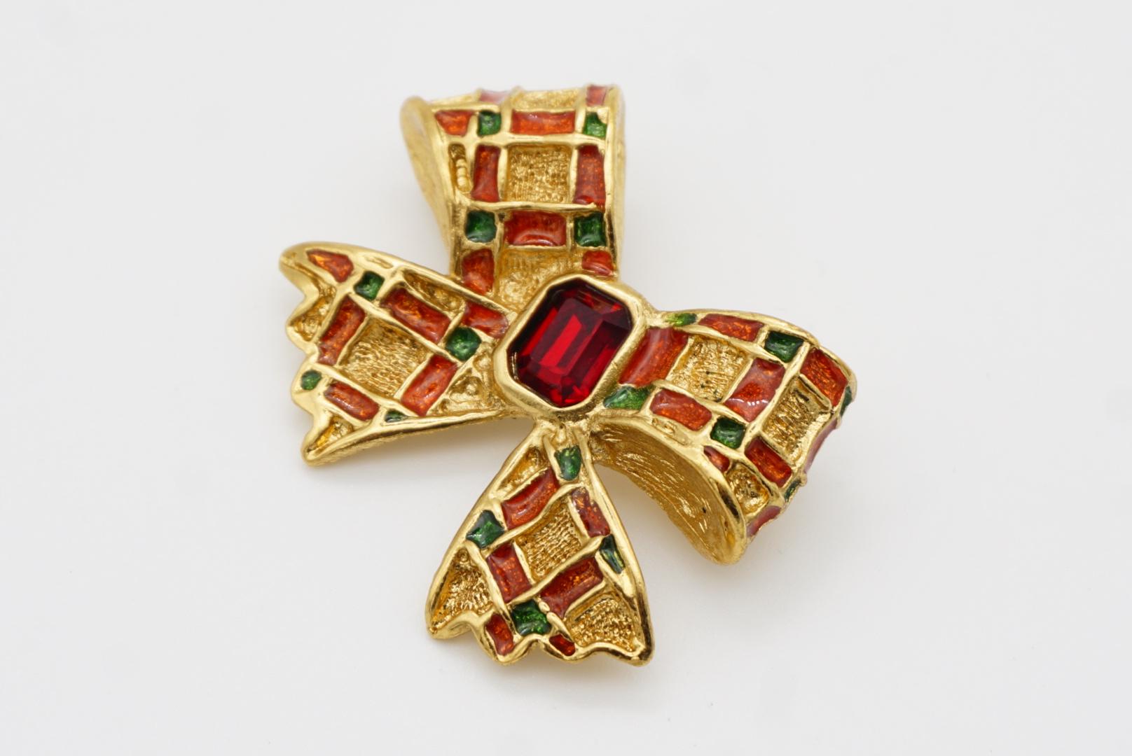 Yves Saint Laurent YSL Gripoix Ruby Octagon Crystal Green Red Knot Bow Brooch 4