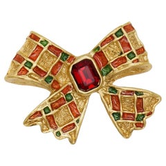 Yves Saint Laurent YSL Gripoix Broche rubis octogonale avec nœud rouge, vert et rouge