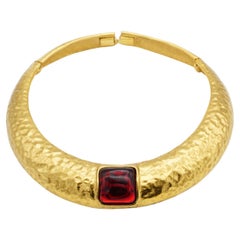 Yves Saint Laurent YSL Gripoix Ruby Square Cabochon Collar Choker Gold Necklace