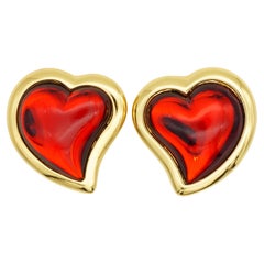 Yves Saint Laurent YSL Gripoix Ruby Vintage Large Heart Love Cabochon Earrings