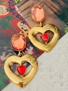 Yves Saint Laurent YSL Haute Couture Gripoix Gold Orange Heart Oval Earrings