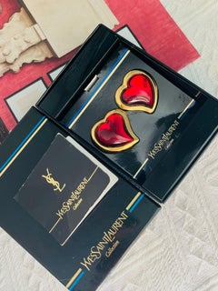 Yves Saint Laurent YSL Haute Couture Gripoix Ruby Large Heart Cabochon Earrings