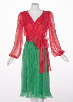 Yves Saint Laurent YSL Haute Couture Red / Green Stripe Silk Chiffon Dress, 1991