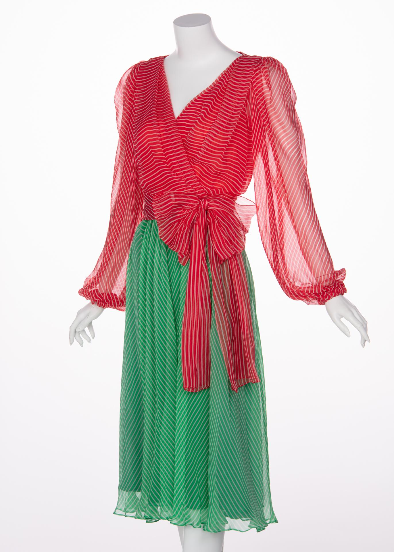 Pink Yves Saint Laurent YSL Haute Couture Red / Green Stripe Silk Chiffon Dress, 1991 For Sale