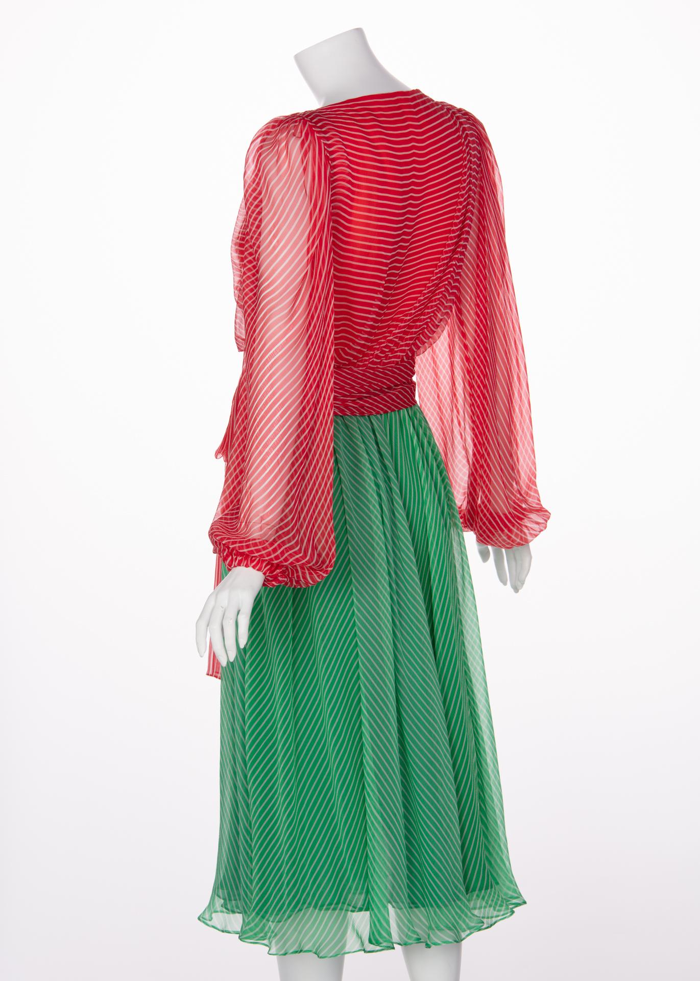 Yves Saint Laurent YSL Haute Couture Red / Green Stripe Silk Chiffon Dress, 1991 In Excellent Condition For Sale In Boca Raton, FL