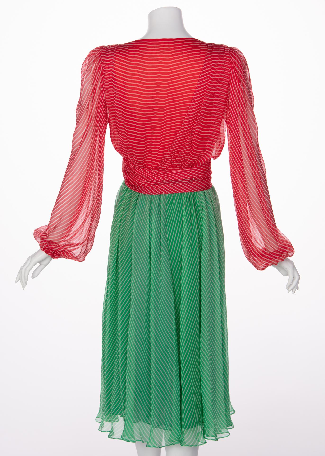 Women's Yves Saint Laurent YSL Haute Couture Red / Green Stripe Silk Chiffon Dress, 1991 For Sale