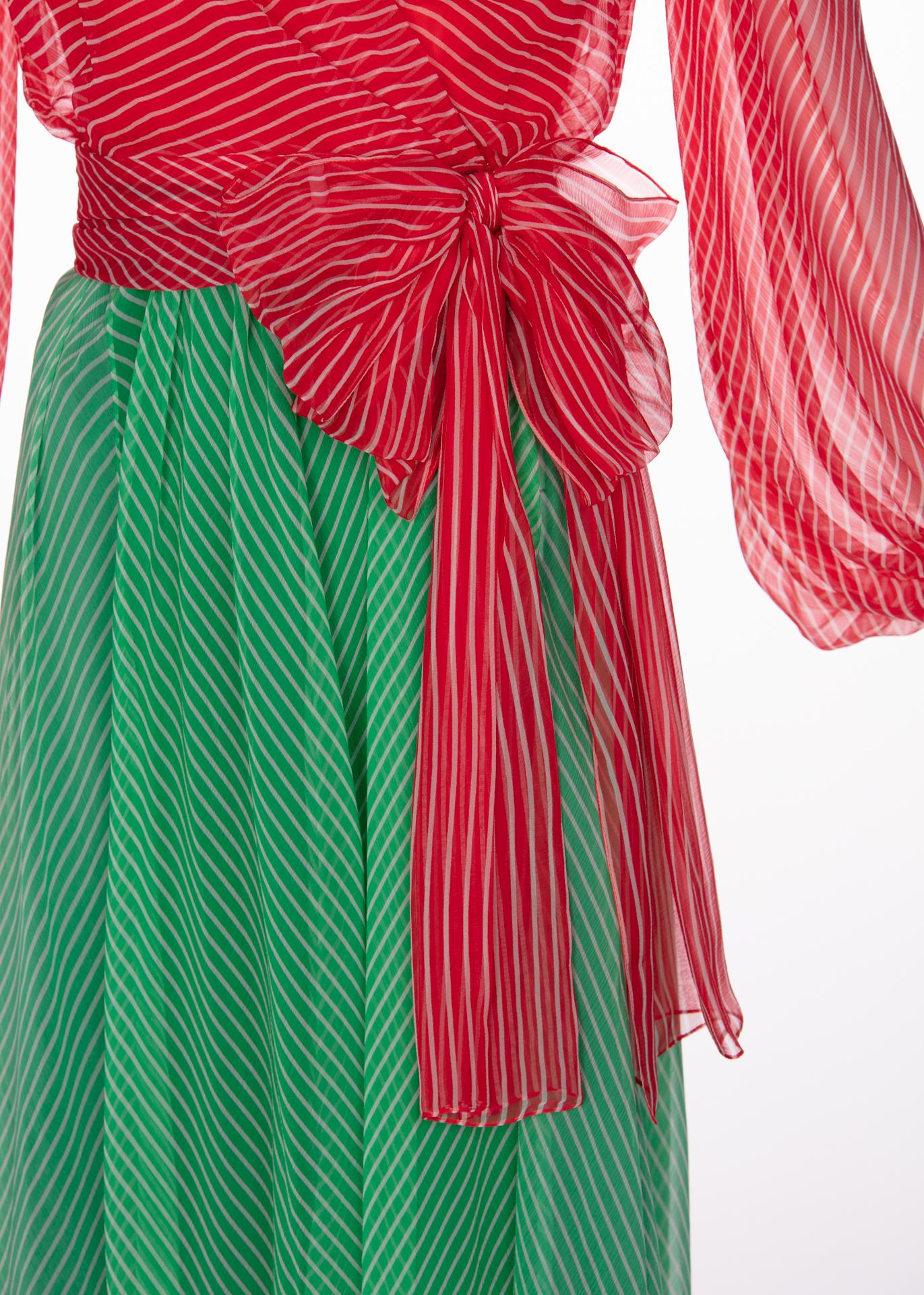 Yves Saint Laurent YSL Haute Couture Red / Green Stripe Silk Chiffon Dress, 1991 For Sale 1
