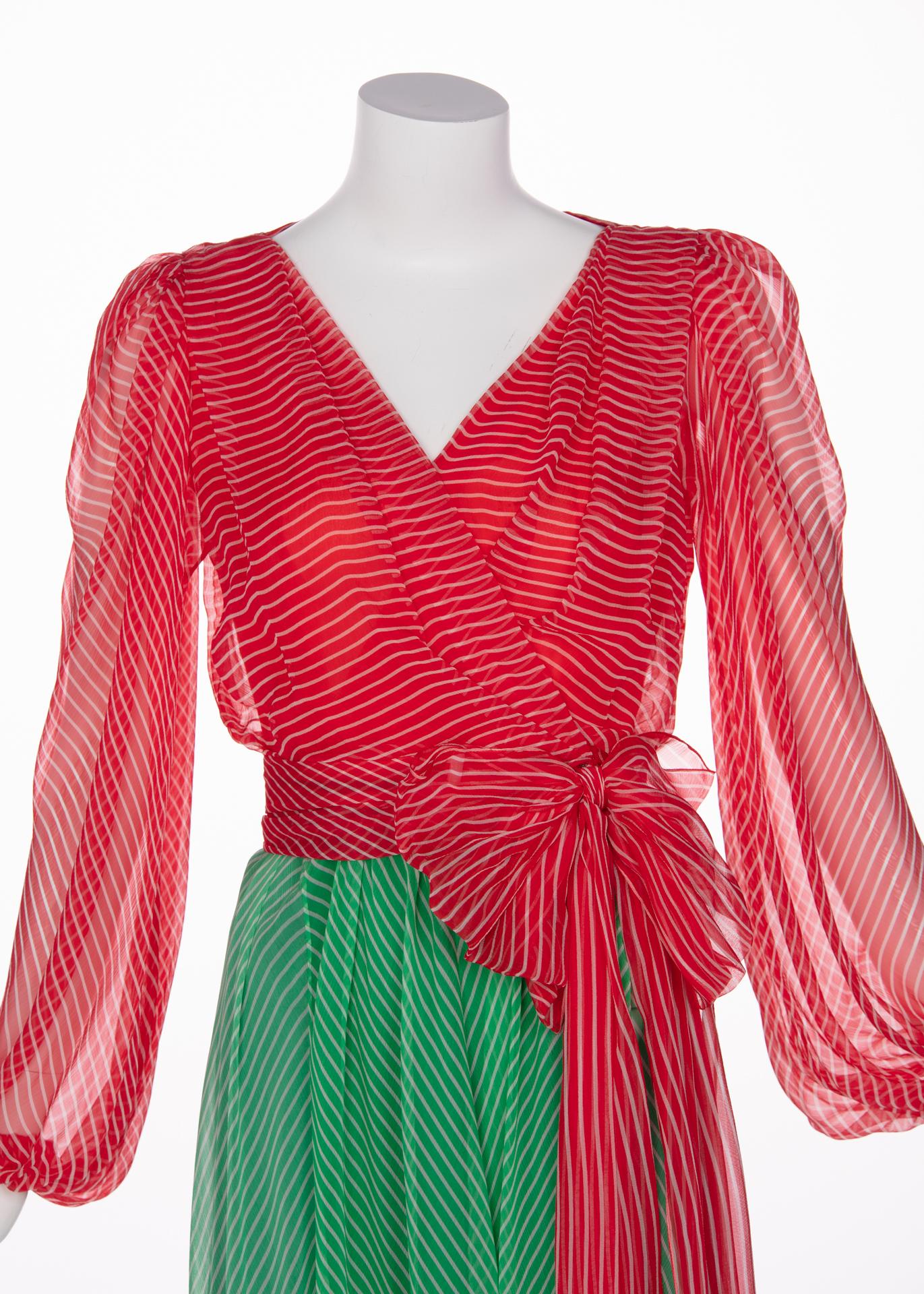 Yves Saint Laurent YSL Haute Couture Red / Green Stripe Silk Chiffon Dress, 1991 For Sale 3