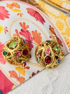 Yves Saint Laurent YSL Haute Couture Ruby Emerald Sapphire Domed Gold Earrings