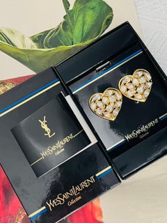 Yves Saint Laurent YSL Haute Couture Vintage Heart Crystals Openwork Earrings