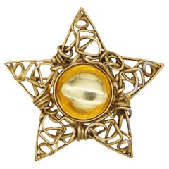 Yves Saint Laurent YSL Huge Yellow Crystal Openwork Star Pentagram Gold Brooch