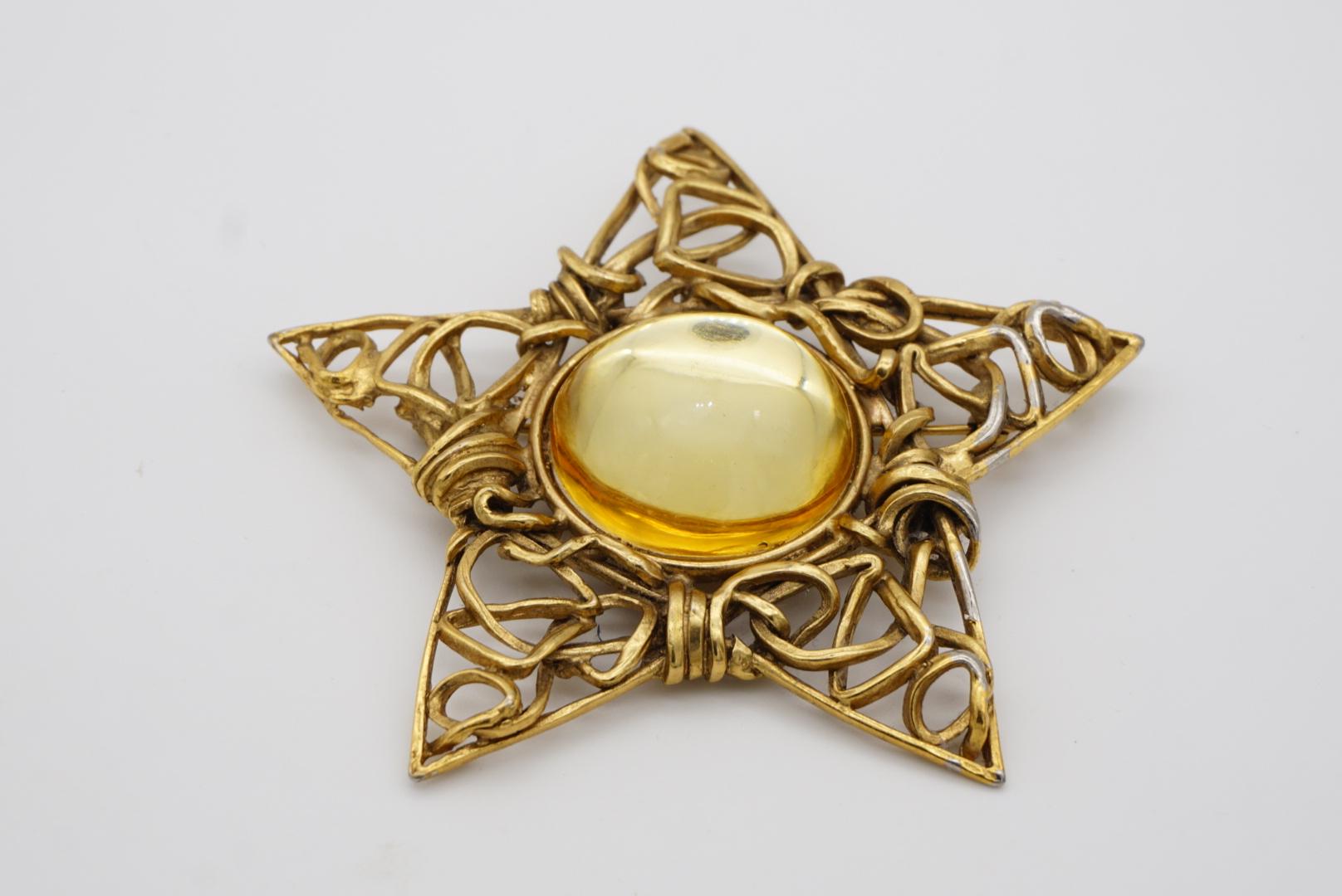 Yves Saint Laurent YSL Huge Yellow Crystal Openwork Star Pentagram Gold Brooch  For Sale 1