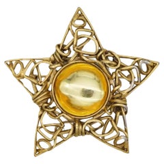 Yves Saint Laurent YSL Huge Yellow Crystal Openwork Star Pentagram Gold Brooch